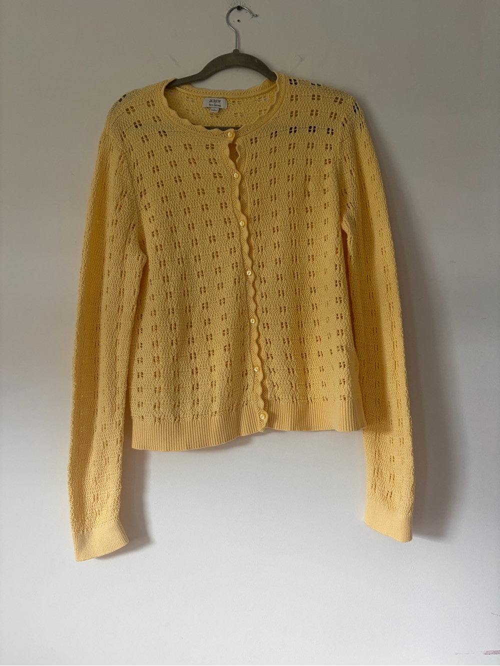 J.Crew 100% cotton pointelle cardigan sweater yellow preppy feminine granny sz L
